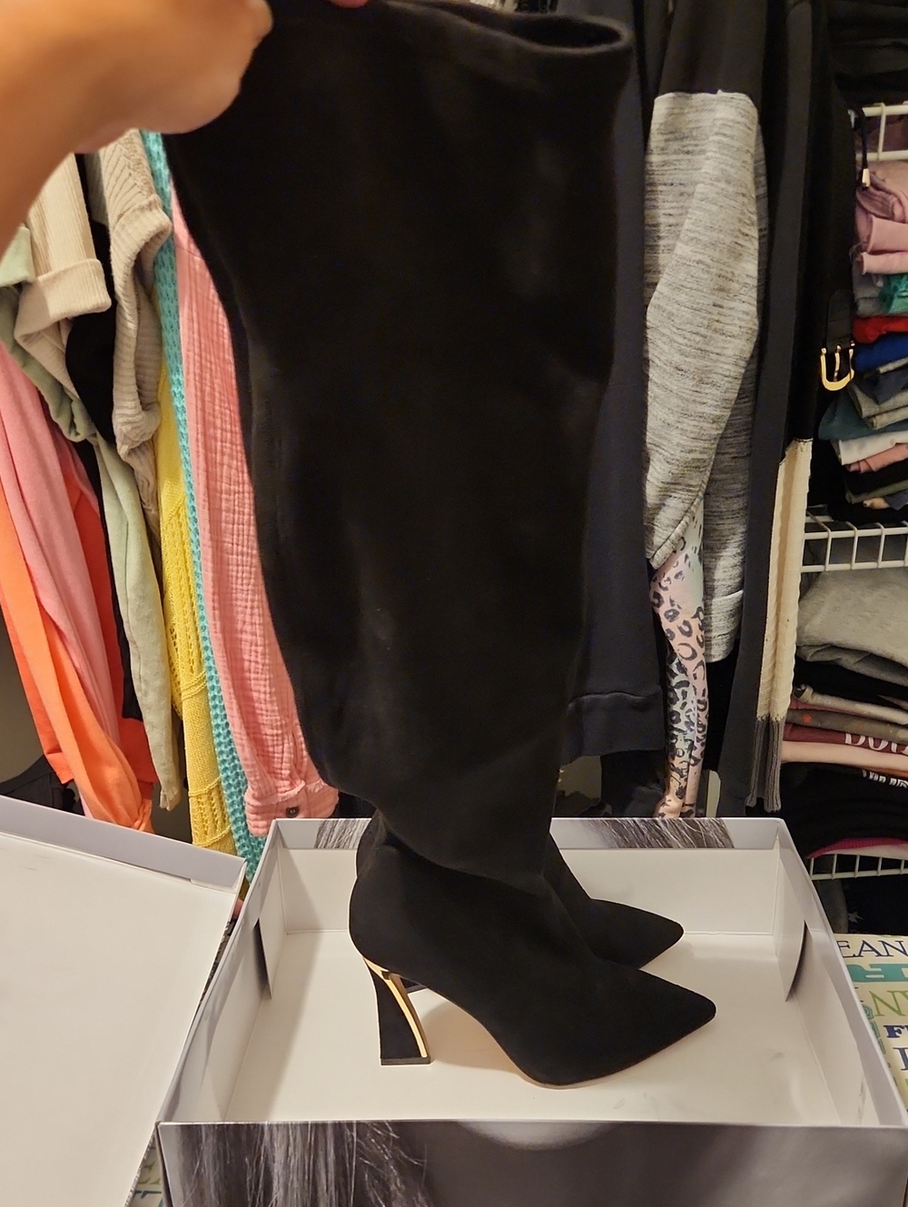 Jennifer Lopez Black Knee-High Pointed-Toe Boots with Gold Accent Heel